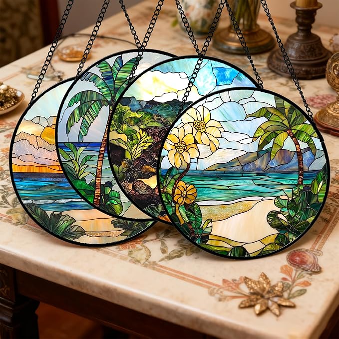 DASTOLL Stained Glass Window Hanging 4 Pcs Set Blue Ocean Coconut Tree Scenery Large 15" - Suncatcher Door Garden Sun Catcher Decor Birthday Christmas for Mom Woman Nana Men