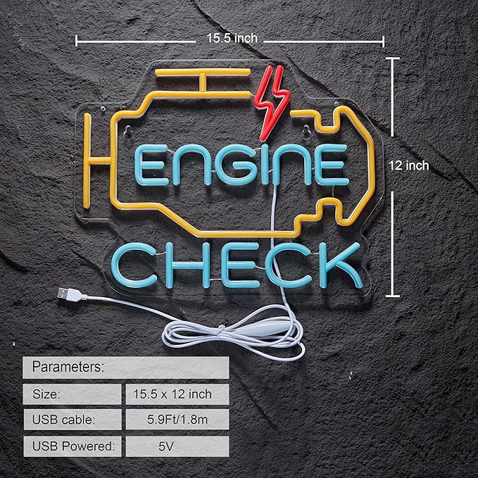 Check Engine Neon Sign for Garage Wall Decor Check Engine Neon Signs Car Auto Repair Workshop Sign with Dimmable USB Powered Signs Décor (17X13in)