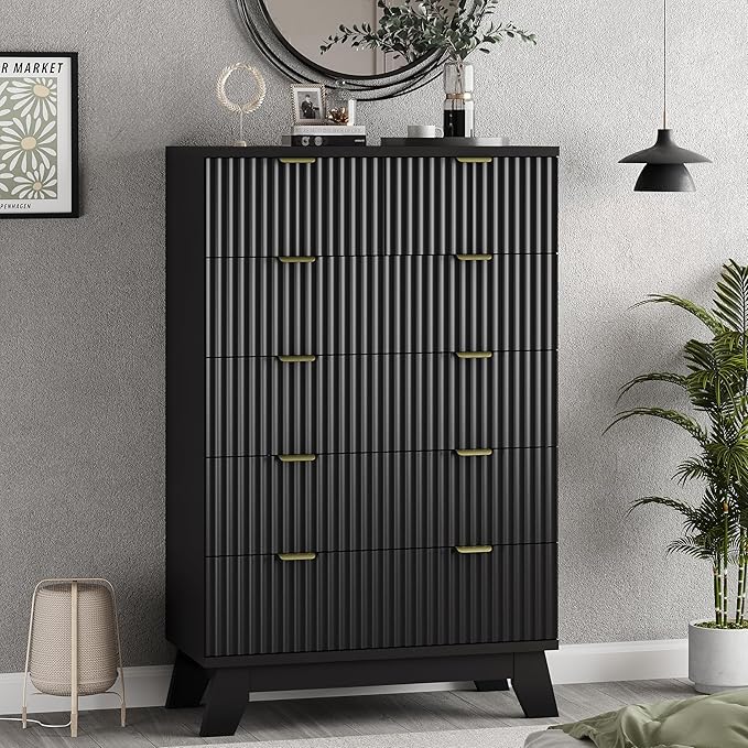 Xixini Fluted Dresser for Bedroom with 6 Drawers, 46" Tall Modern Chest of Drawers with Metal Handle, Wooden Dresser TV Stand, Wood Closet Clothes Storage Organizer for Living Room, Hallway, Black